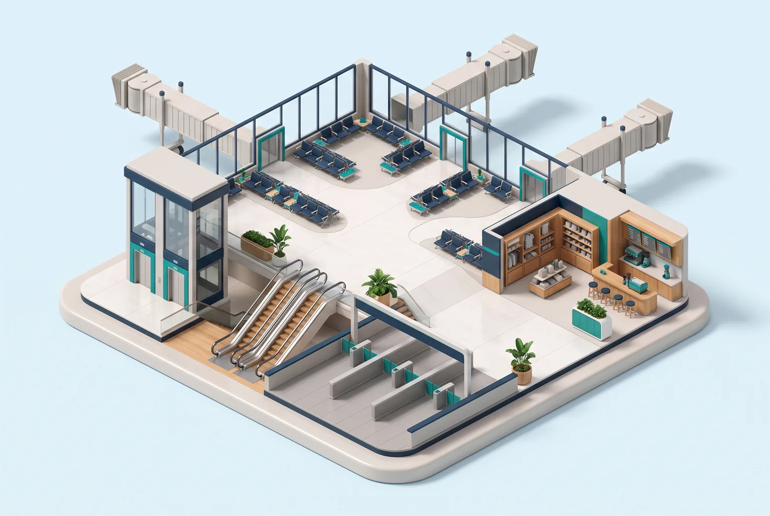 Illustrative terminal with seats, shops and open walkways
